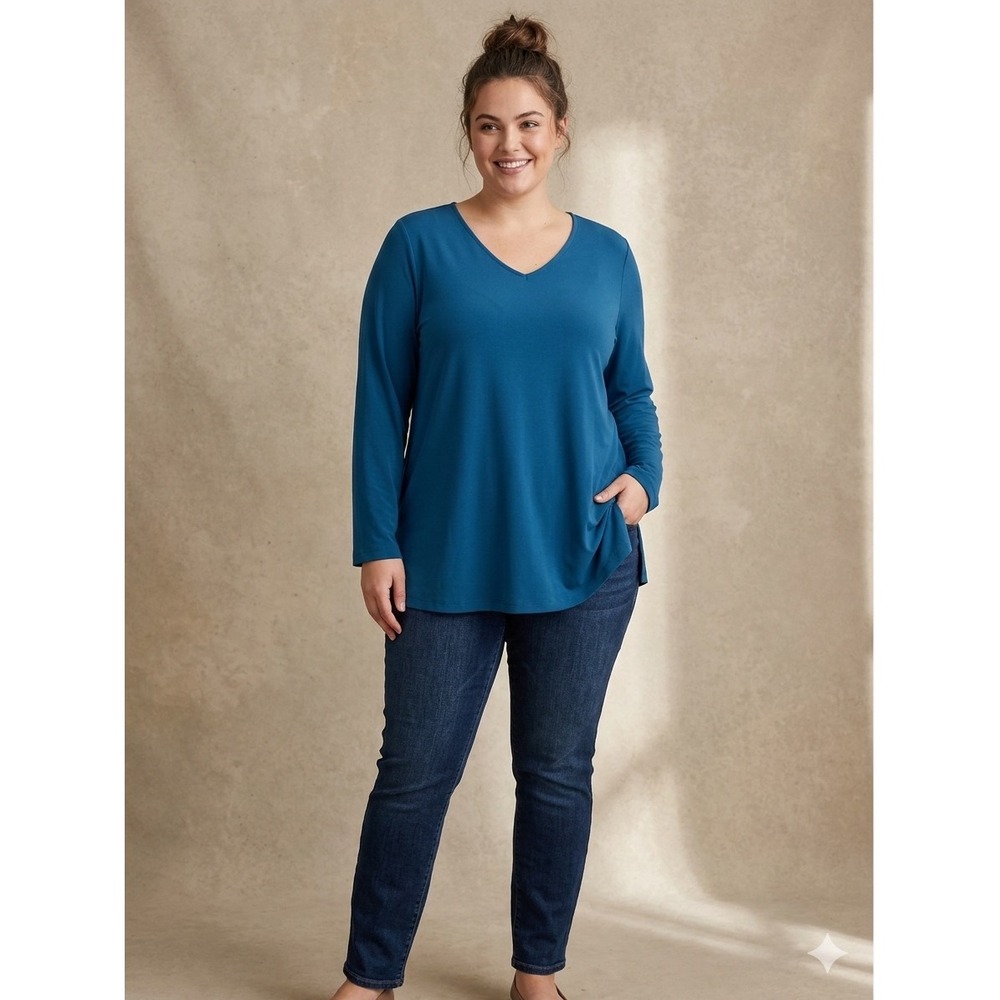 Susan Graver Modern Essentials Regular Liquid Knit Tunic Top Blue Stretchy 2X